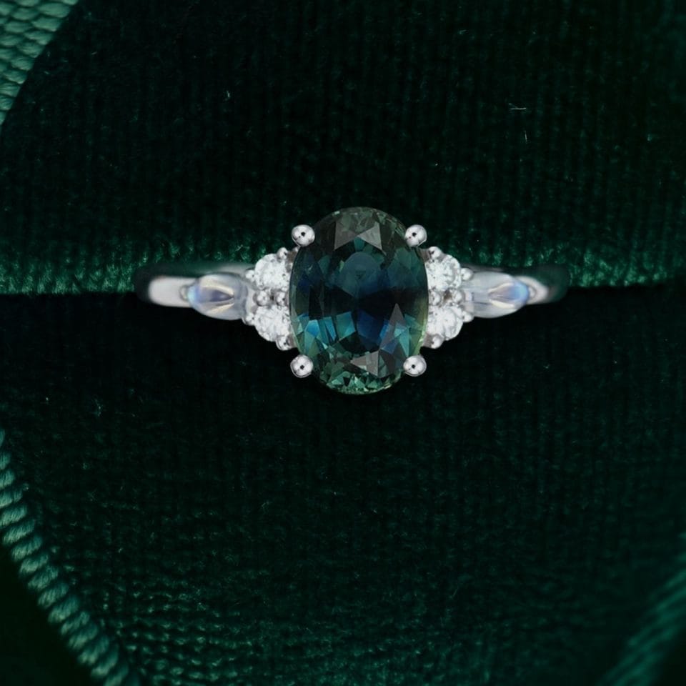 Green Blue Sapphire Engagement Ring with Moonstone Highlights (4)