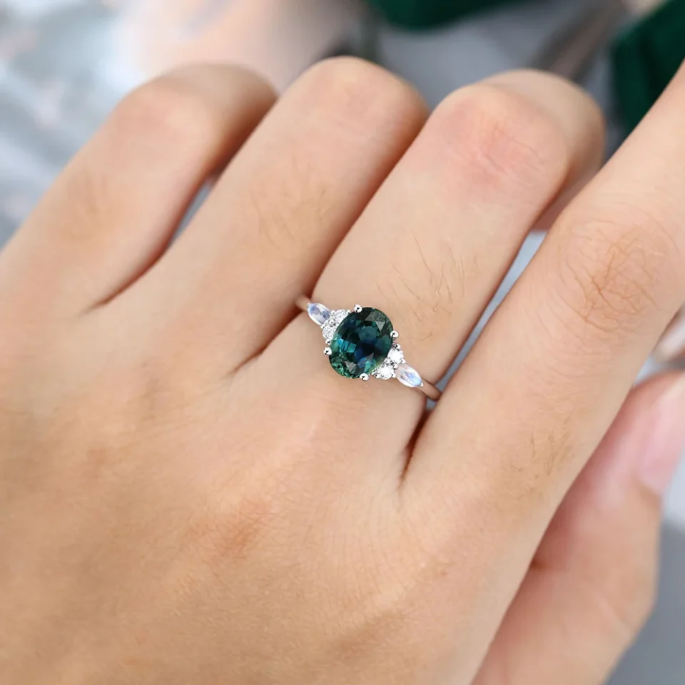 Green Blue Sapphire Engagement Ring with Moonstone Highlights.0