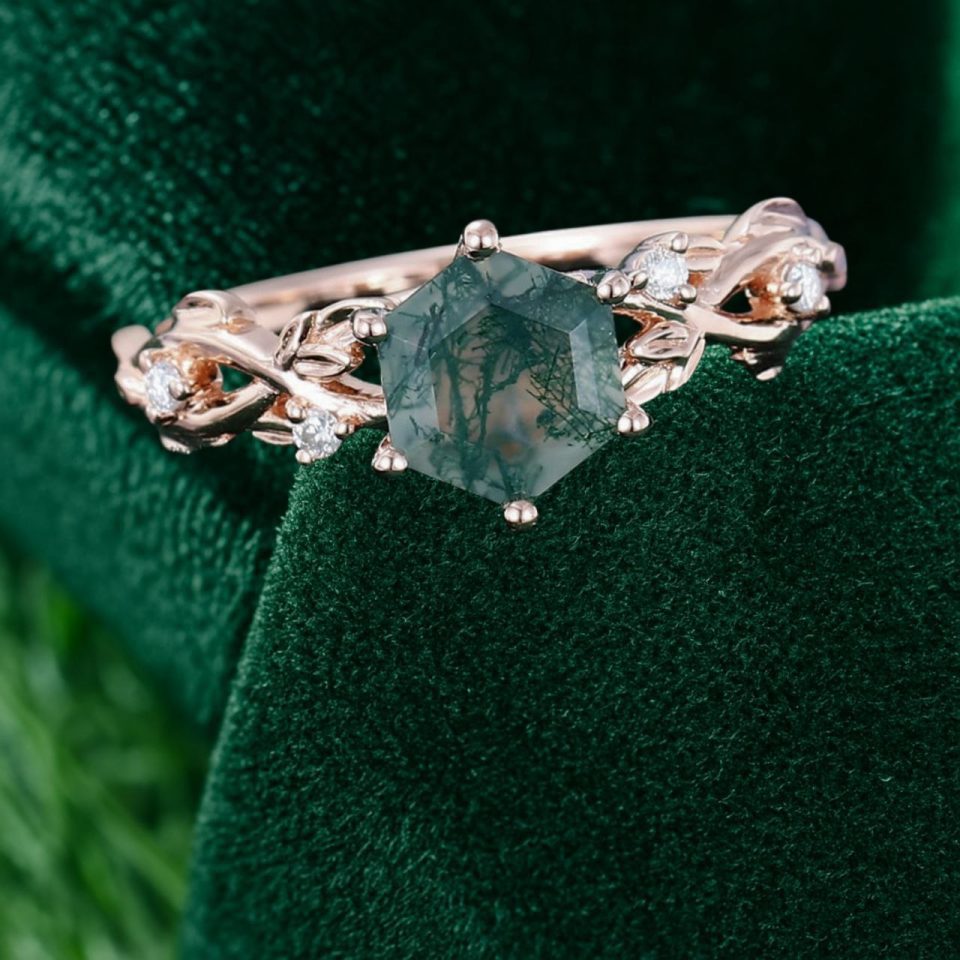Hexagon Cut Moss Agate Ring with Flowing Navette Leaves (1)