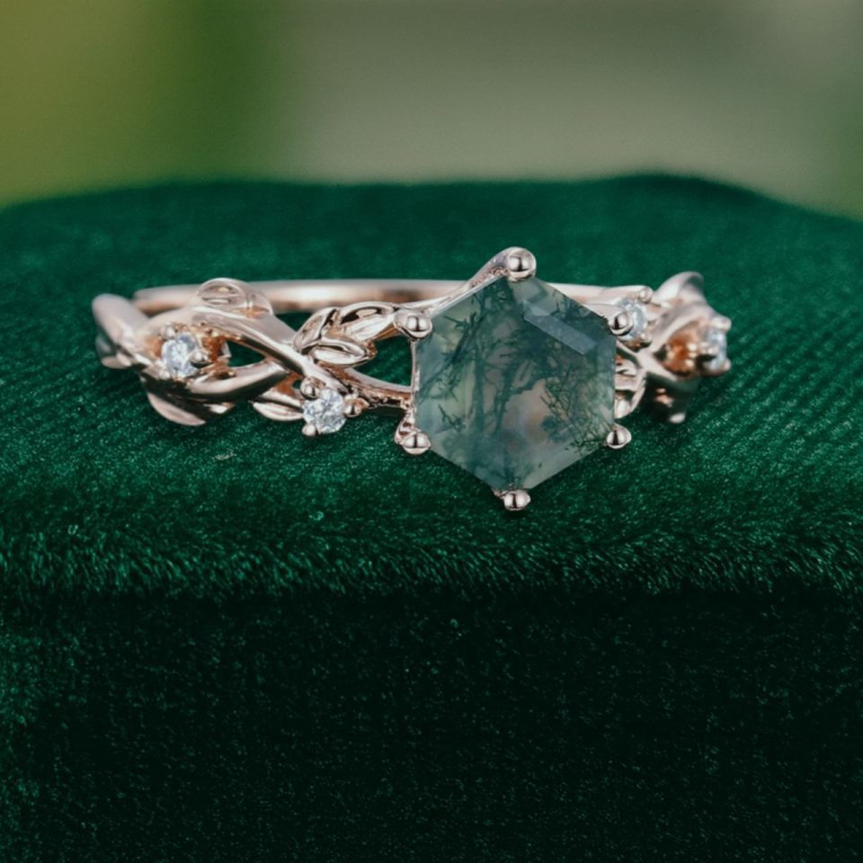 Hexagon Cut Moss Agate Ring with Flowing Navette Leaves (4)