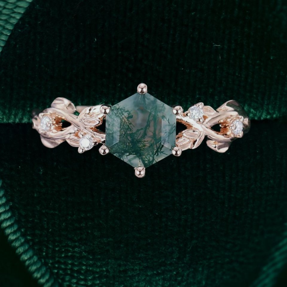 Hexagon Cut Moss Agate Ring with Flowing Navette Leaves (5)