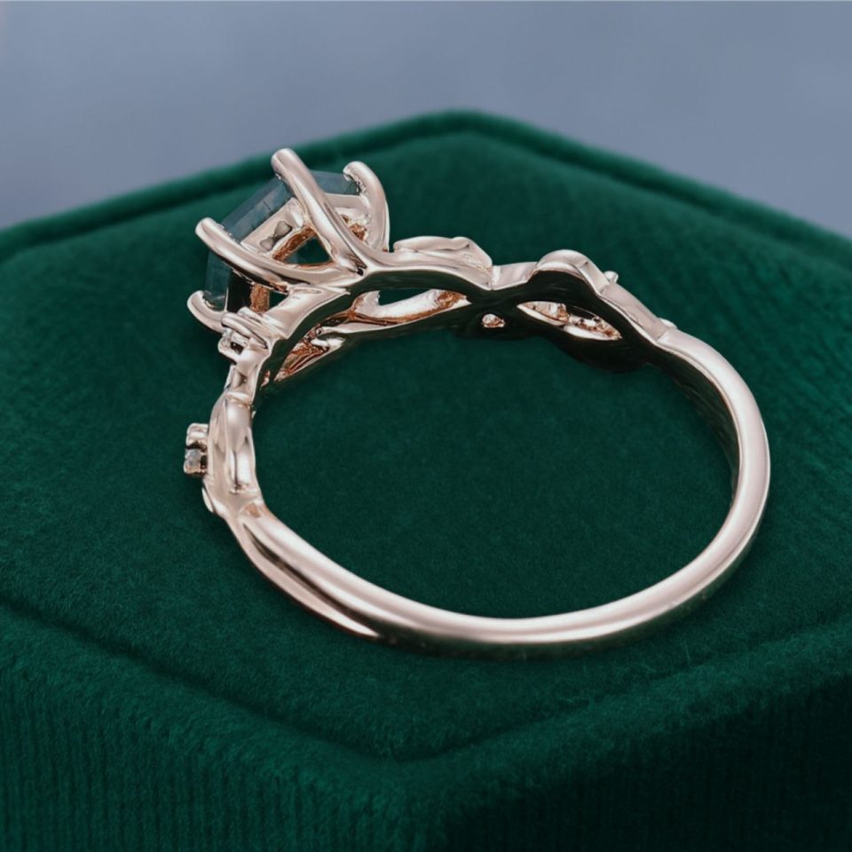 Hexagon Cut Moss Agate Ring with Flowing Navette Leaves (6)