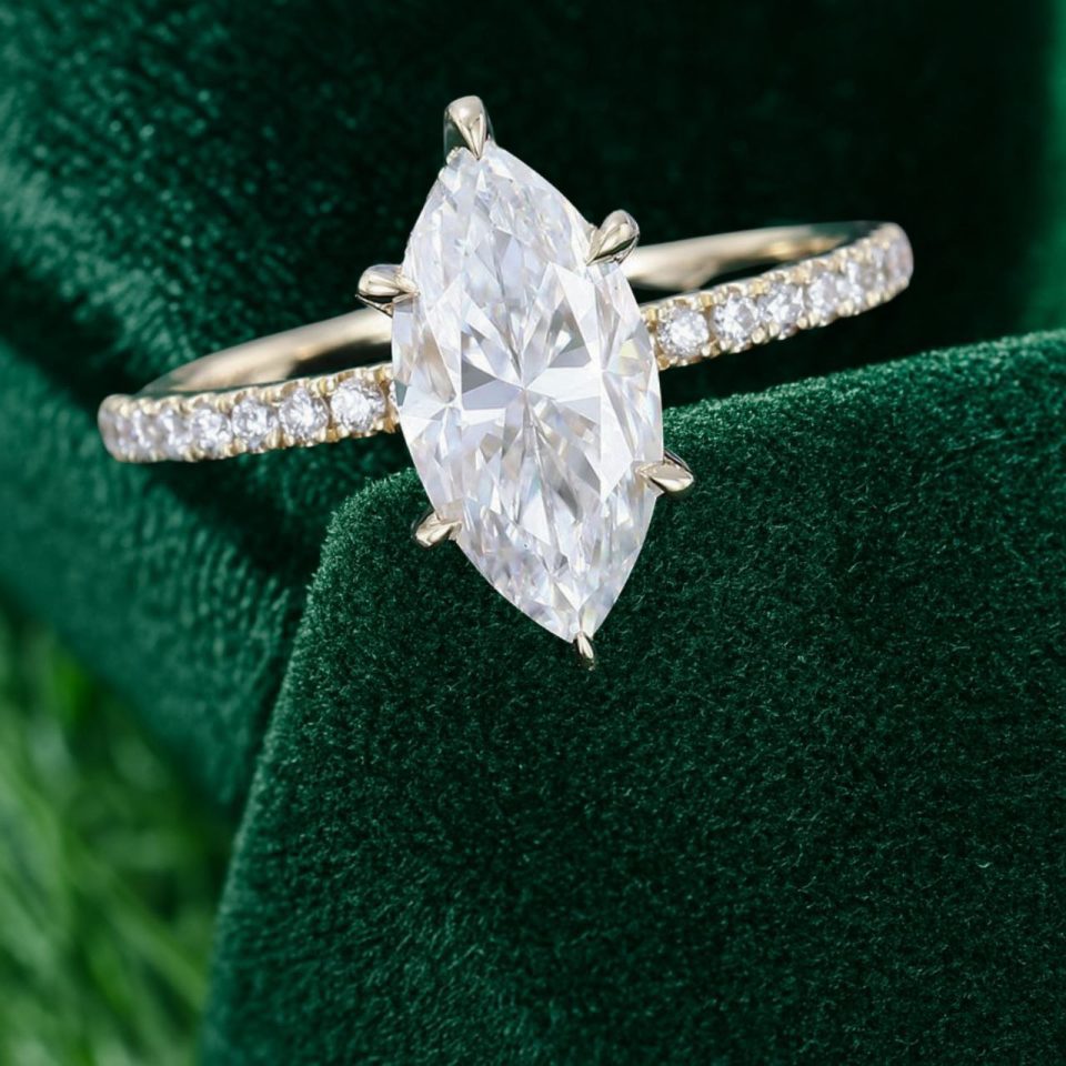 Hidden Halo Marquise Moissanite Engagement Ring with Elegant Pavé Band (1)