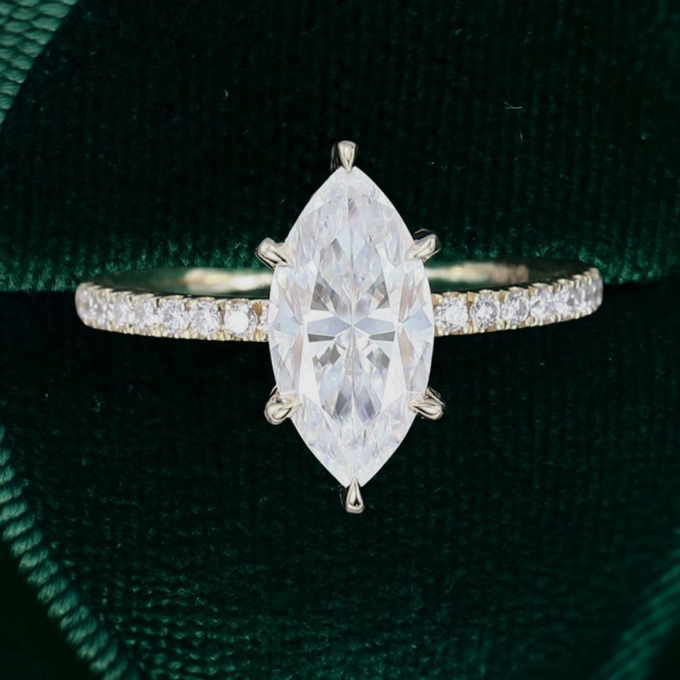 Hidden Halo Marquise Moissanite Engagement Ring with Elegant Pavé Band (5)