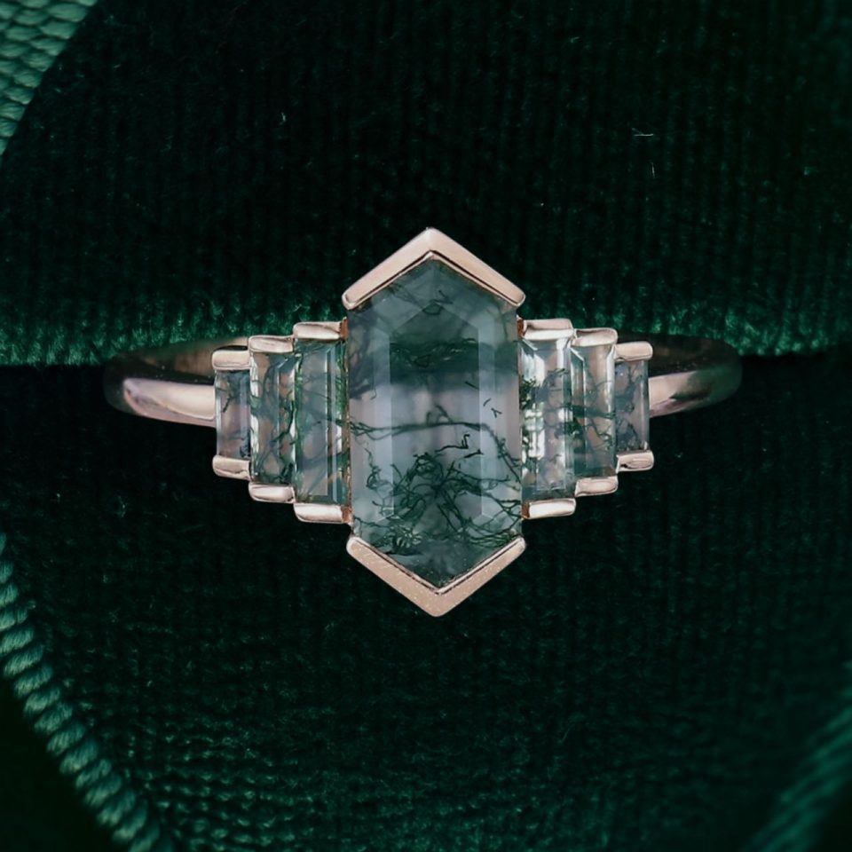 Infinity Glow Elongated Hexagon Moss Agate Promise Ring with Baguette Accents (3)