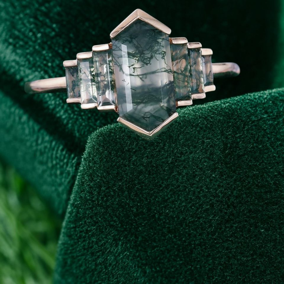Infinity Glow Elongated Hexagon Moss Agate Promise Ring with Baguette Accents (5)