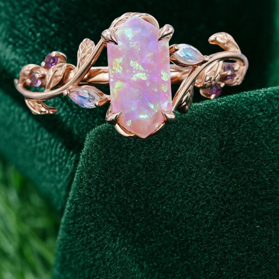 LeafLace Hexagonal Pink Opal Promise Ring with Moonstone & Amethyst Accents (3)