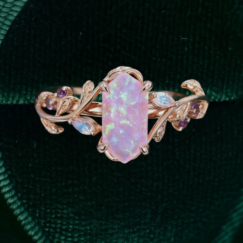 LeafLace Hexagonal Pink Opal Promise Ring with Moonstone & Amethyst Accents (4)