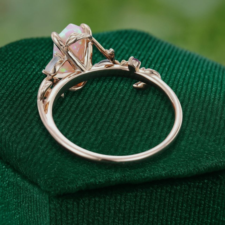 LeafLace Hexagonal Pink Opal Promise Ring with Moonstone & Amethyst Accents (5)