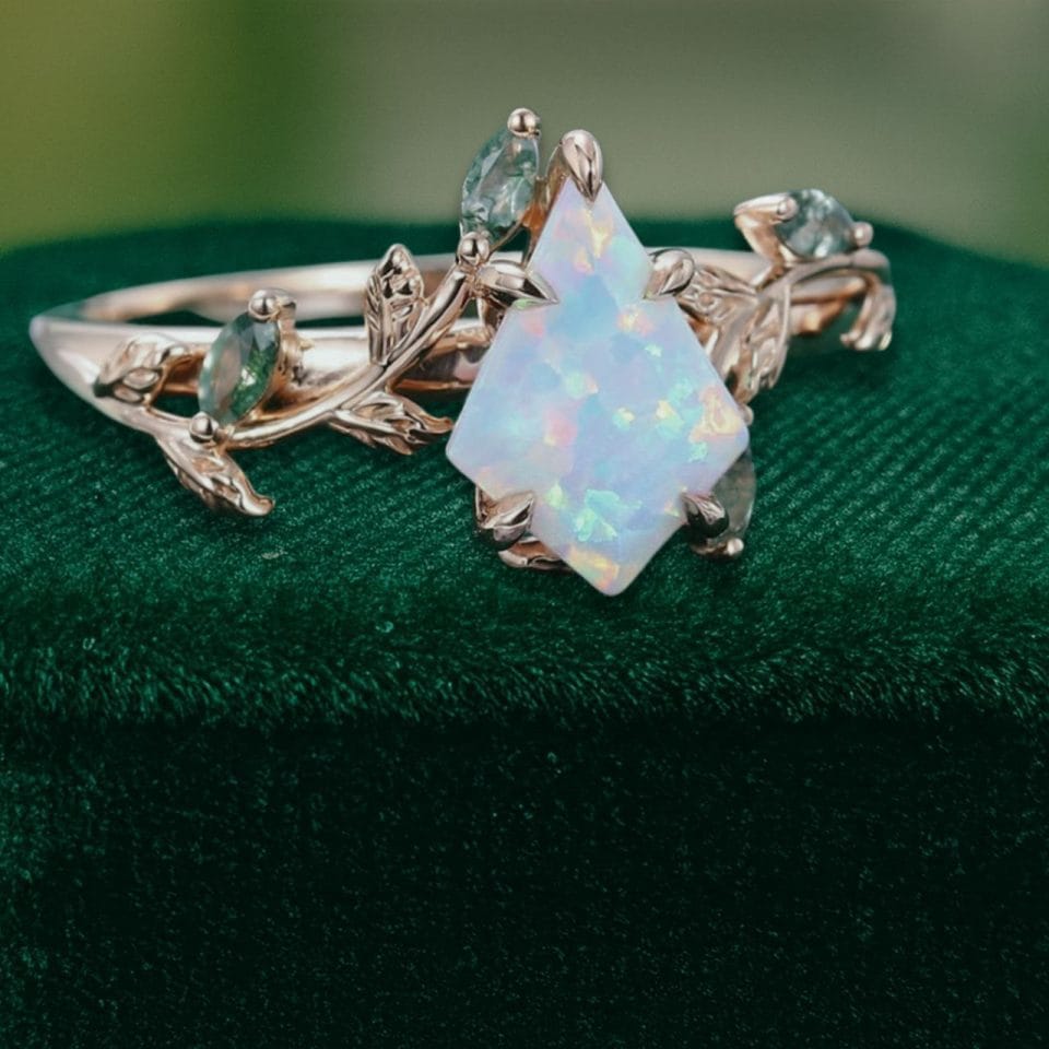 LeafLace Kite Cut Lab Opal Engagement Ring with Moss Agate Accents (3)