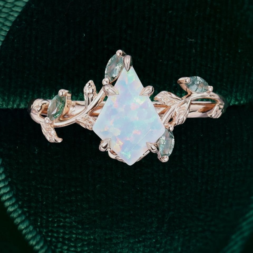 LeafLace Kite Cut Lab Opal Engagement Ring with Moss Agate Accents (4)