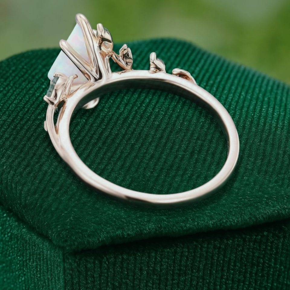 LeafLace Kite Cut Lab Opal Engagement Ring with Moss Agate Accents (5)