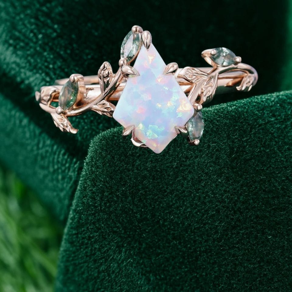 LeafLace Kite Cut Lab Opal Engagement Ring with Moss Agate Accents (6)