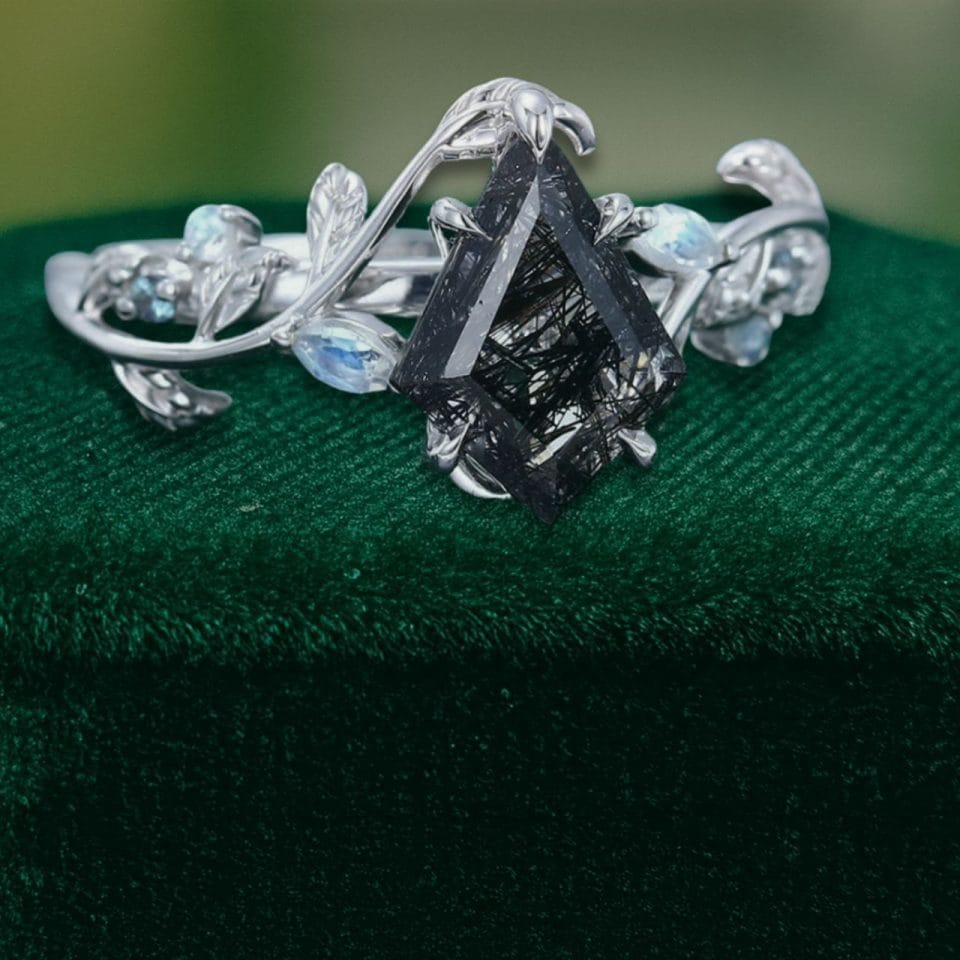 LeafLace Nature-Inspired Kite Cut Black Rutilated Quartz Ring with Moonstone Accents (3)