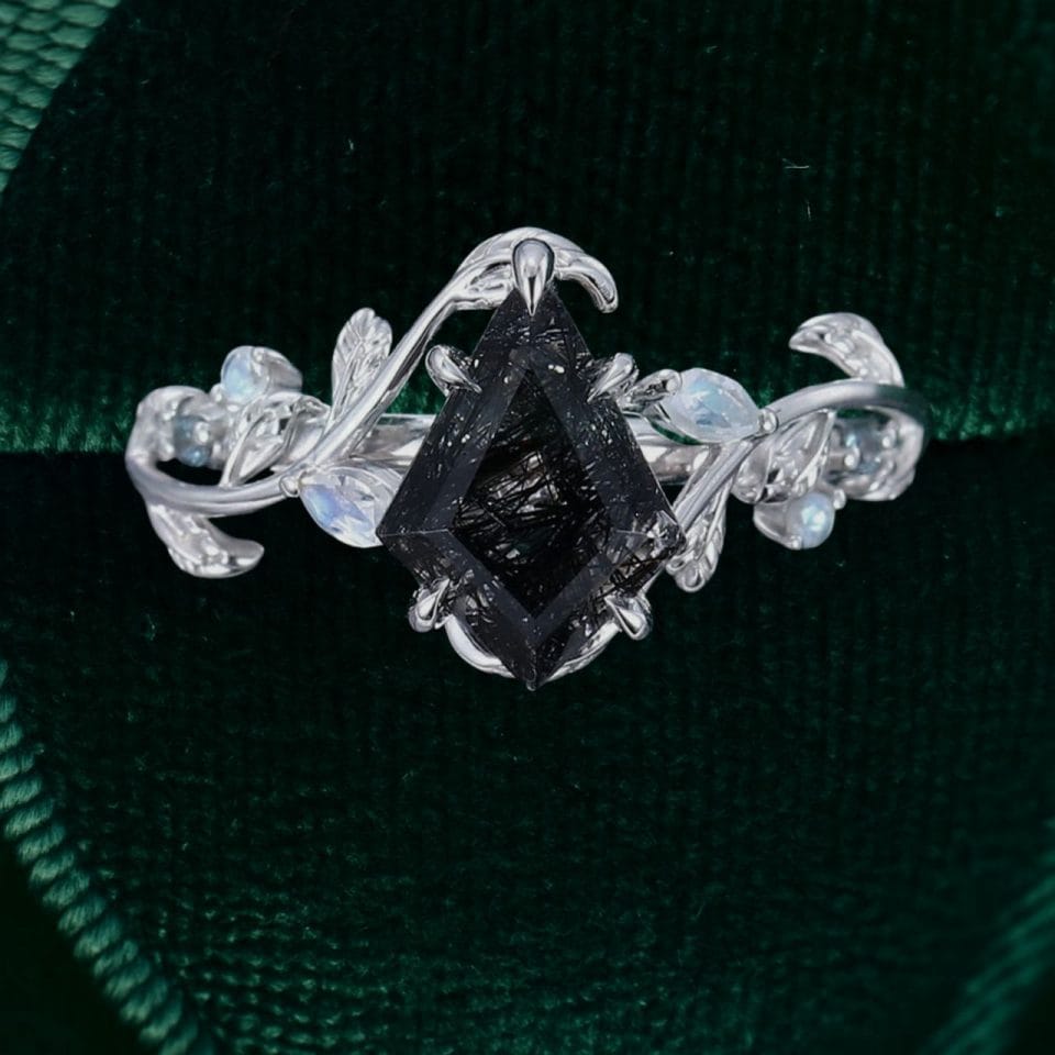LeafLace Nature-Inspired Kite Cut Black Rutilated Quartz Ring with Moonstone Accents (4)