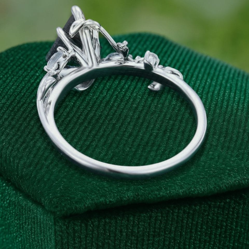 LeafLace Nature-Inspired Kite Cut Black Rutilated Quartz Ring with Moonstone Accents (5)
