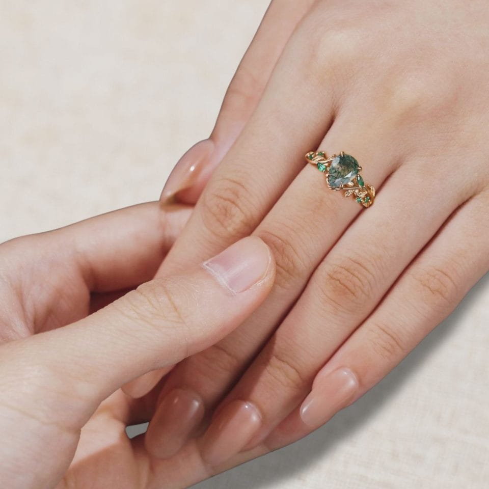 LeafLace Pear Cut Moss Agate Promise Ring with Emerald Accents (1)