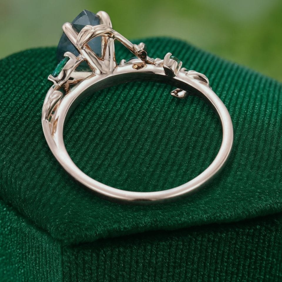 LeafLace Pear Cut Moss Agate Promise Ring with Emerald Accents (5)