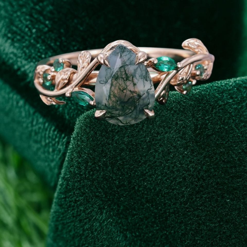 LeafLace Pear Cut Moss Agate Promise Ring with Emerald Accents (6)