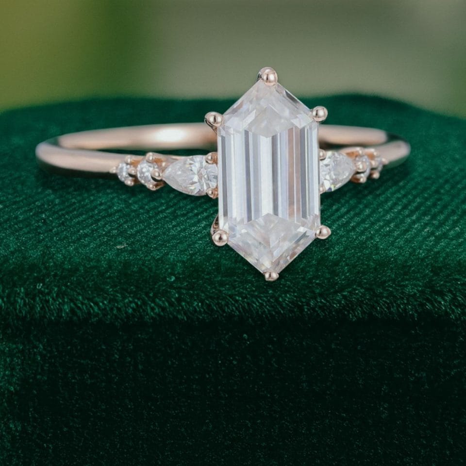 Long Hexagon Cut Moissanite & Diamond Engagement Ring in Rose Gold (4)