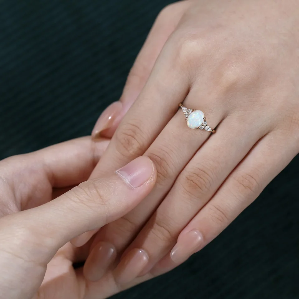 Luxe Classic Cluster Oval Natural Opal Engagement Ring with Exquisite Side Stones (1)