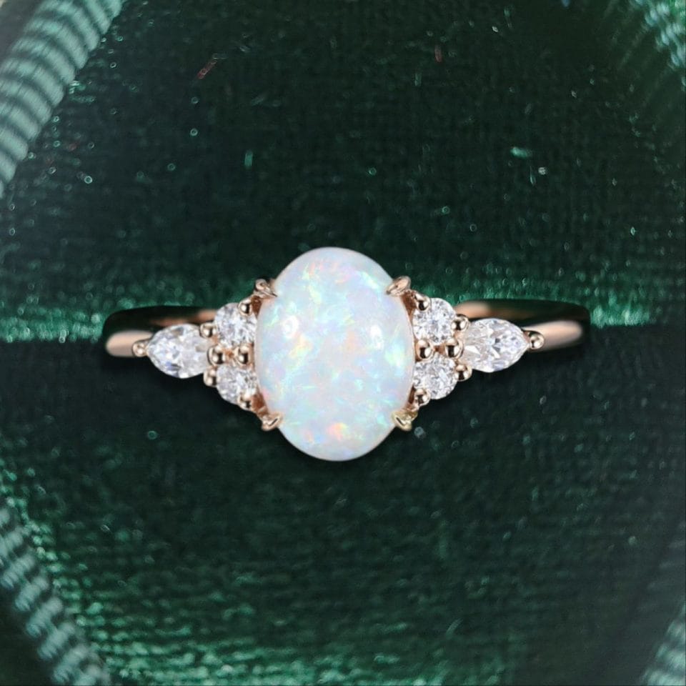 Luxe Classic Cluster Oval Natural Opal Engagement Ring with Exquisite Side Stones (2)