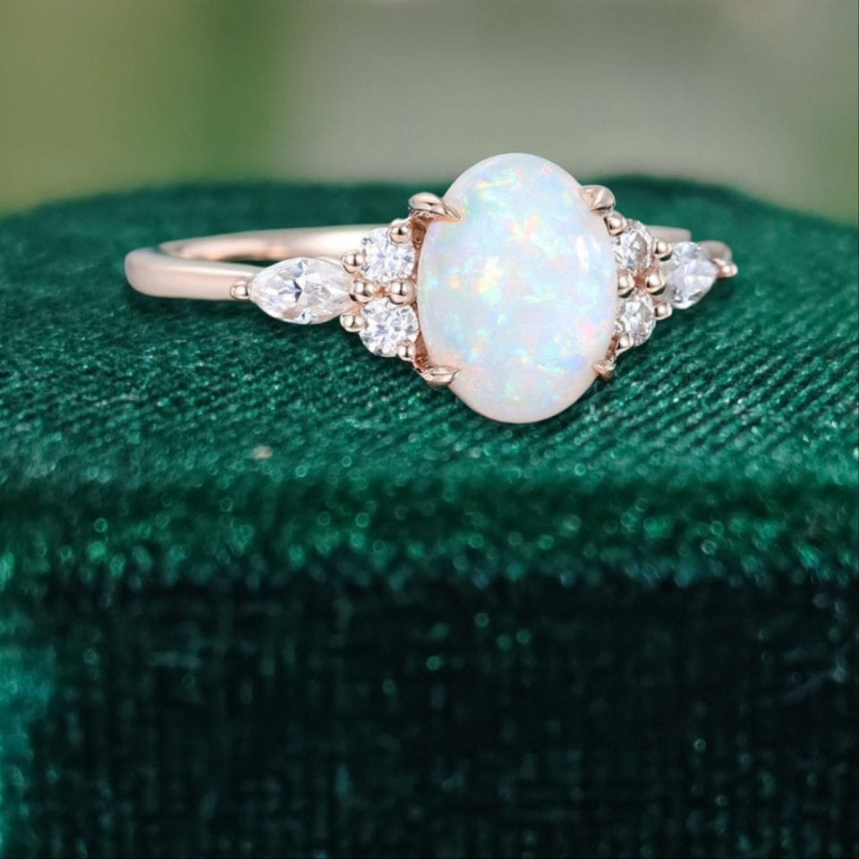 Luxe Classic Cluster Oval Natural Opal Engagement Ring with Exquisite Side Stones (4)