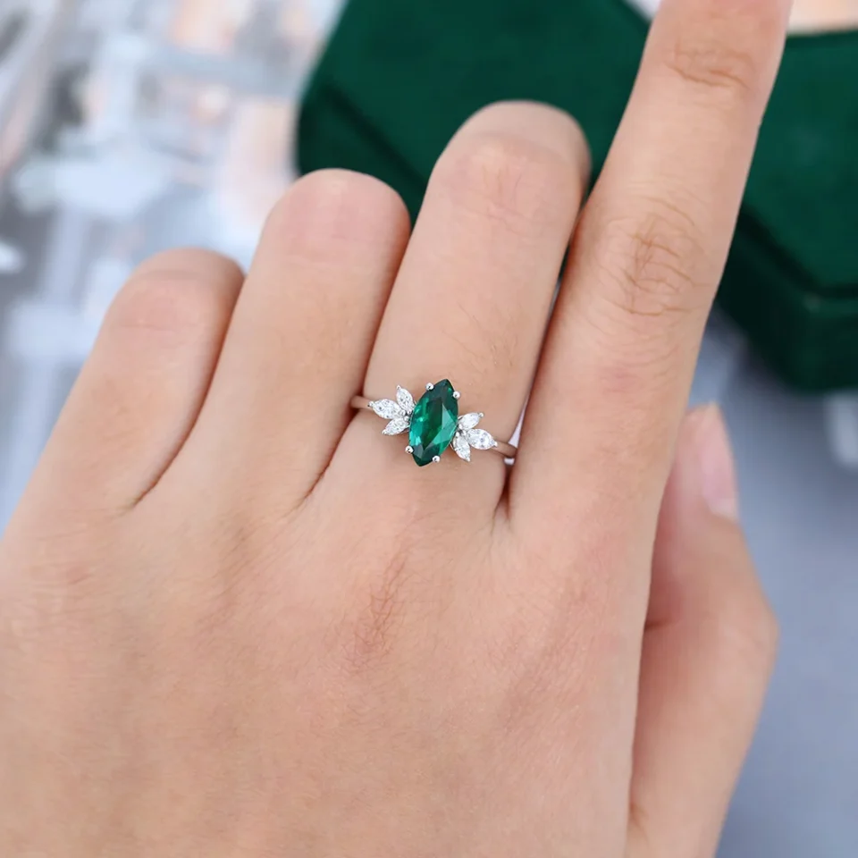 Marquise Cut Lab Grown Emerald Ring – White Gold Setting.0