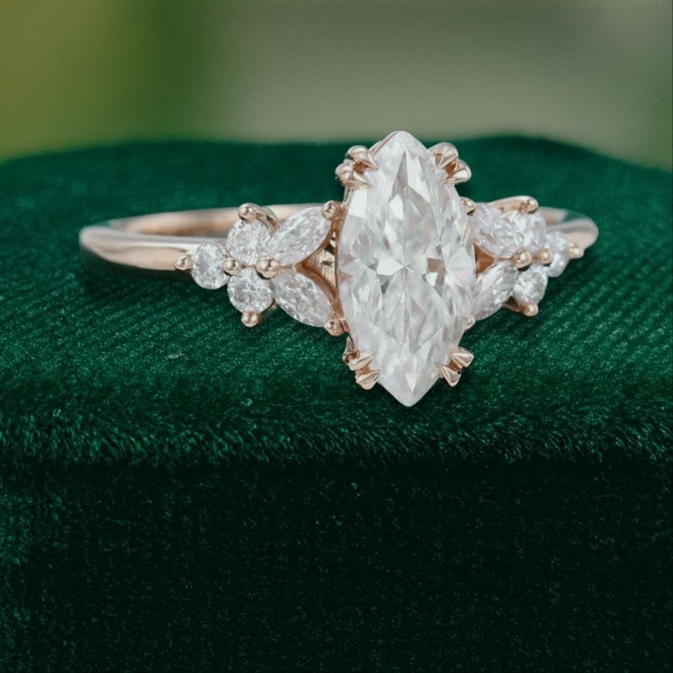 Marquise Cut Moissanite Engagement Ring with Double Claw Blossom Accent (3)