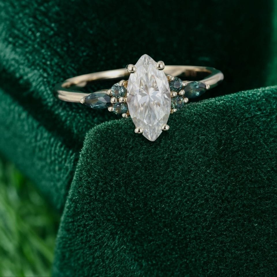 Marquise Cut Moissanite Ring with Vibrant Green Blue Sapphire Accents (5)