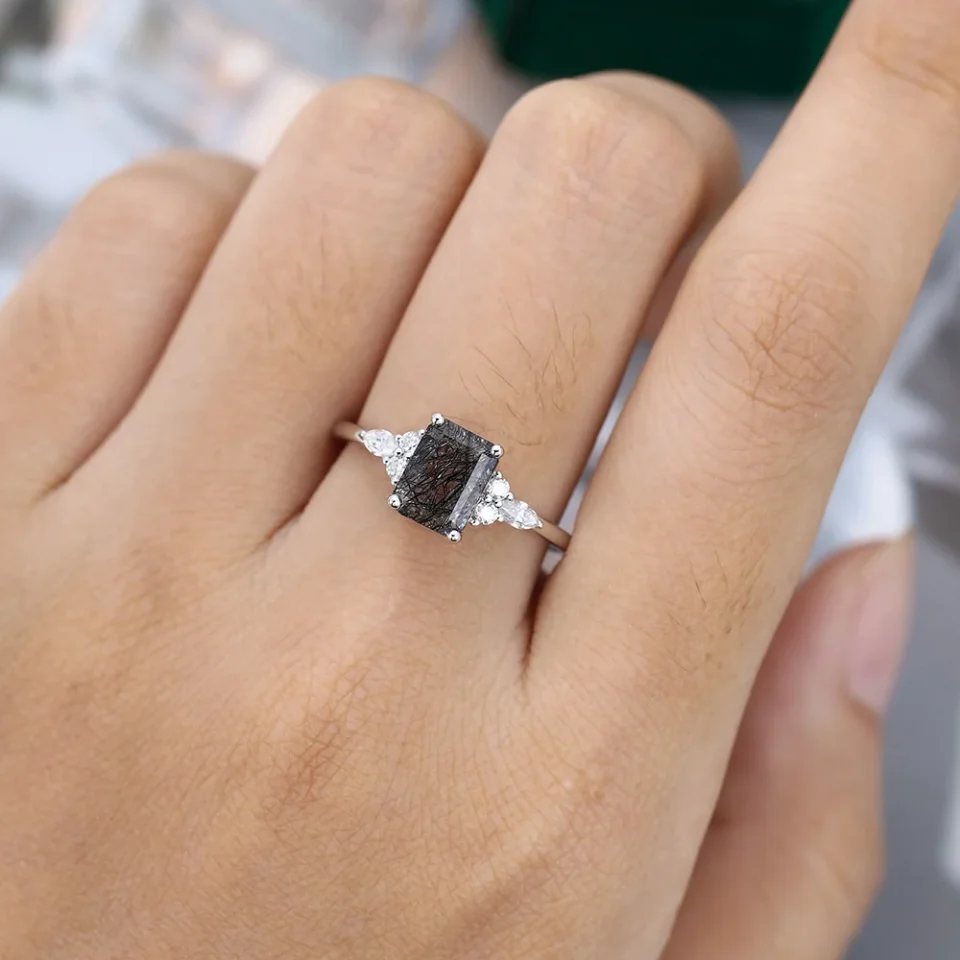 Modern Emerald Cut Black Rutilated Quartz Ring for Engagement.0