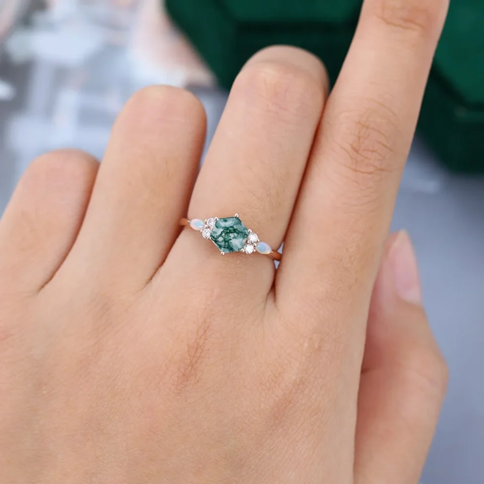 Modern Hexagon Cut Moss Agate Engagement Ring Enhanced with Opal and Moissanite (1)