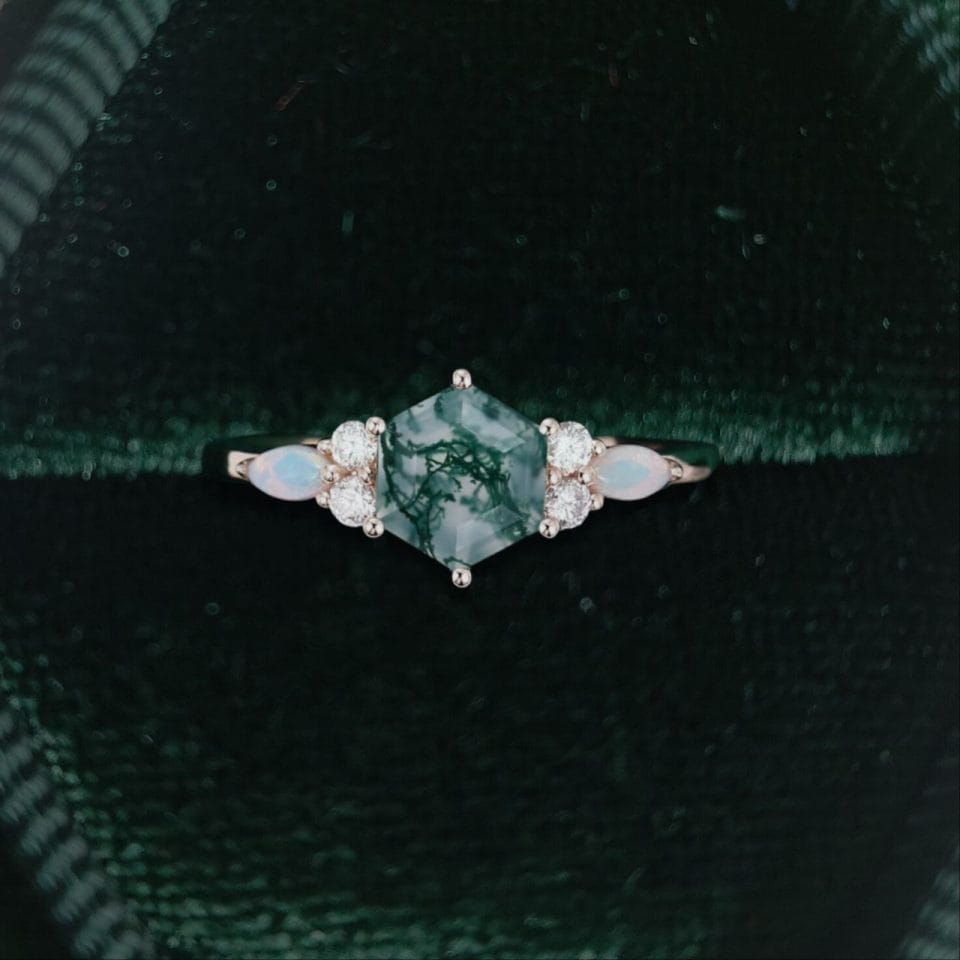 Modern Hexagon Cut Moss Agate Engagement Ring Enhanced with Opal and Moissanite (2)