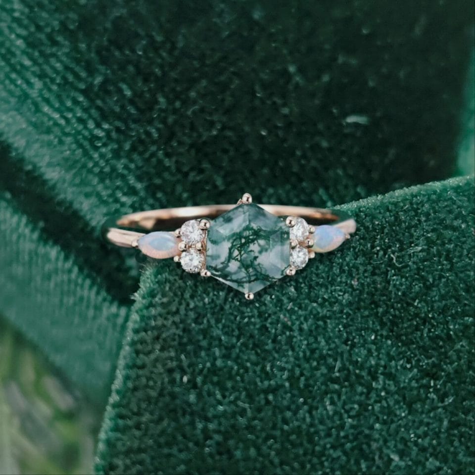 Modern Hexagon Cut Moss Agate Engagement Ring Enhanced with Opal and Moissanite.0