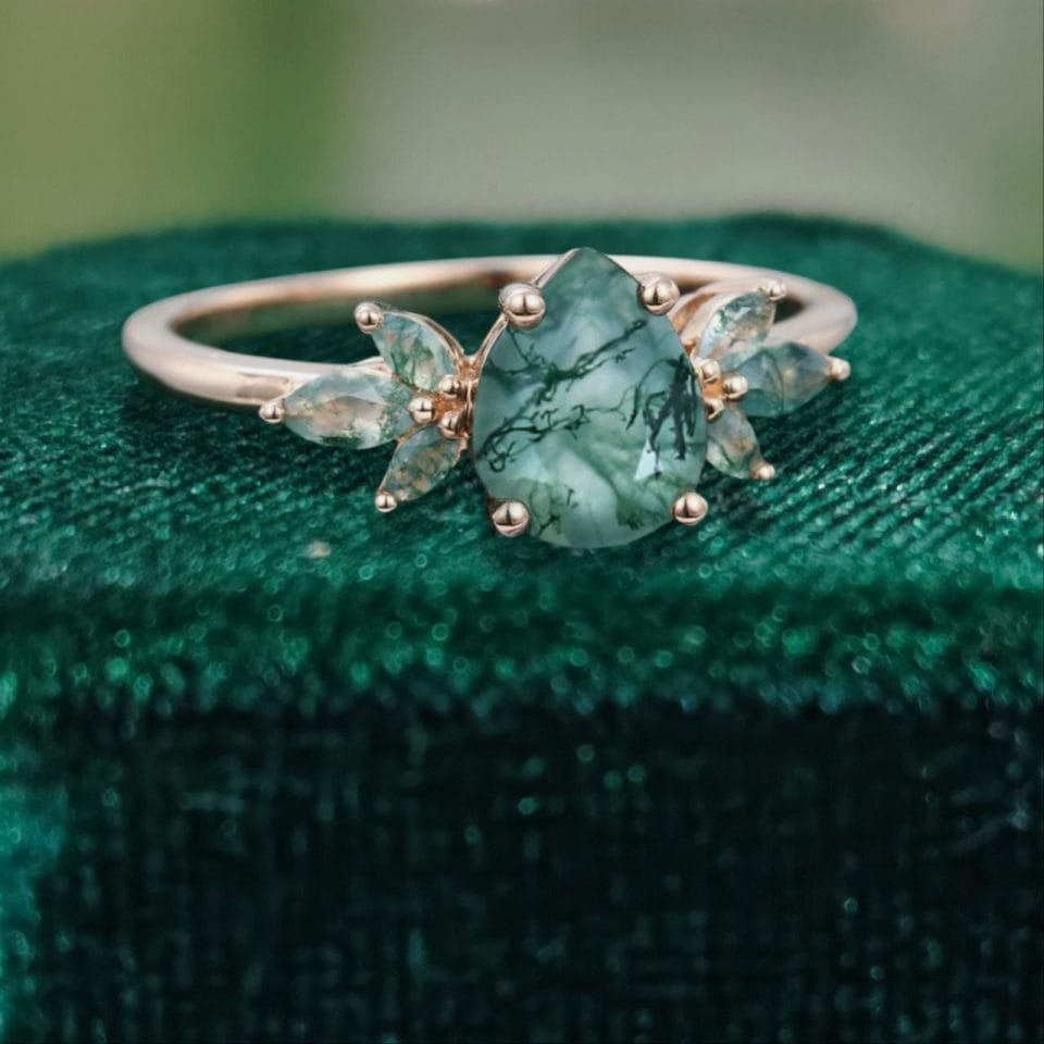 Nature-Inspired Teardrop Moss Agate Promise Ring with Marquise Details (3)