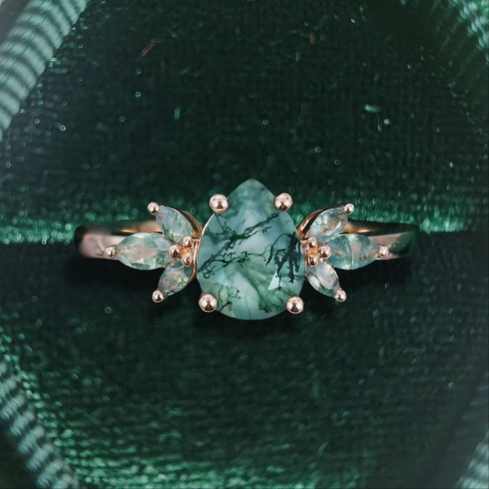 Nature-Inspired Teardrop Moss Agate Promise Ring with Marquise Details (4)