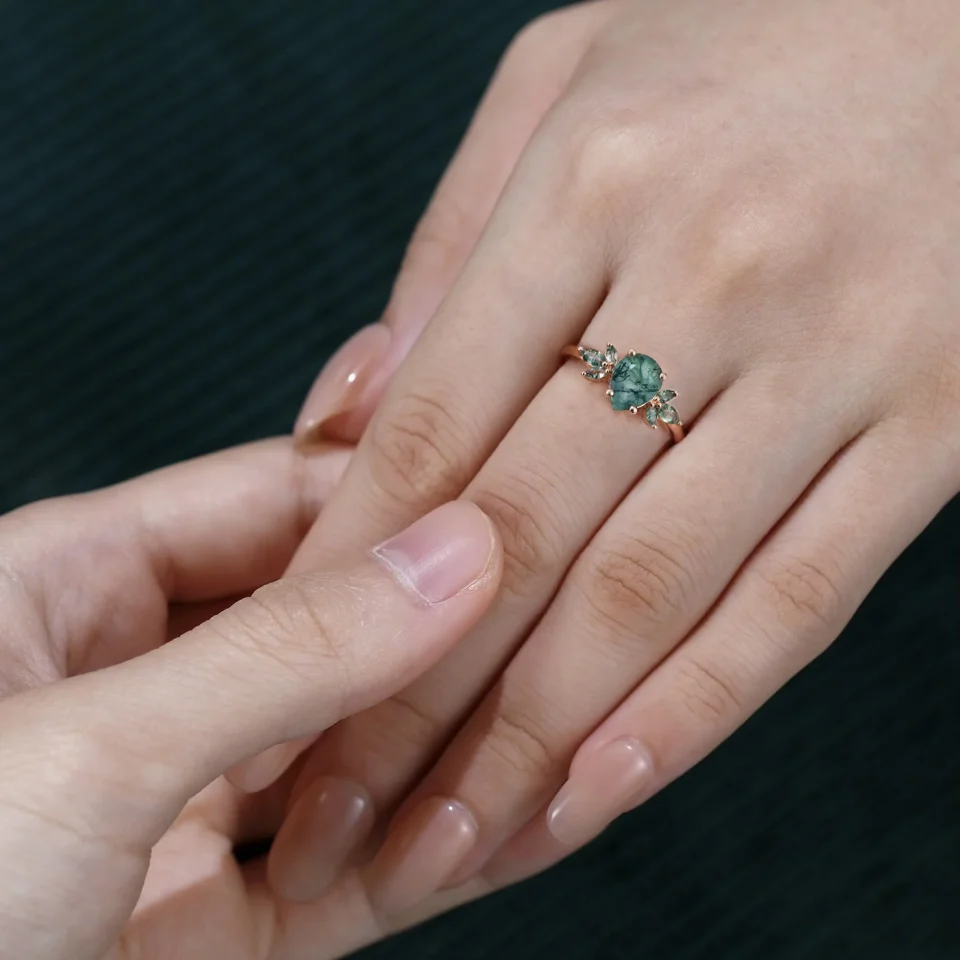 Nature-Inspired Teardrop Moss Agate Promise Ring with Marquise Details
