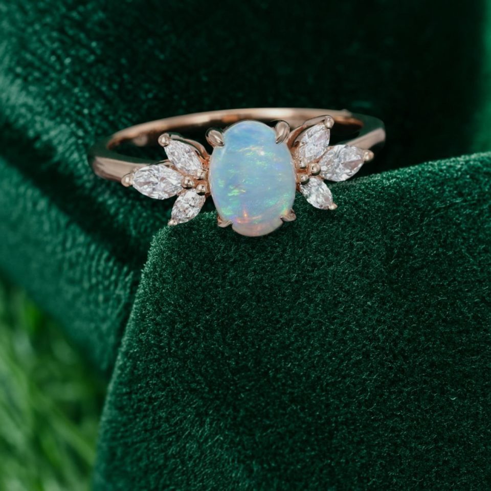 Opal Center Stone Ring with Moissanite Wing Accents – Gift for Her (1)