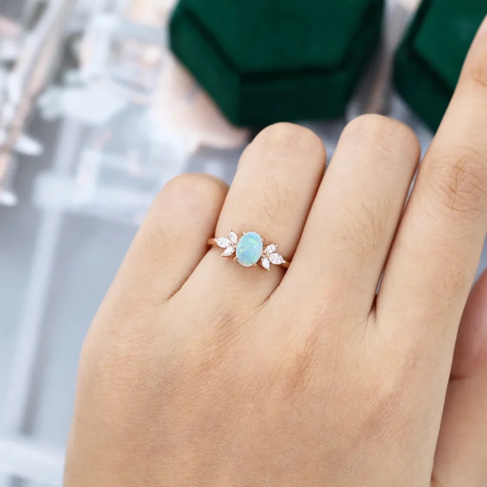 Opal Center Stone Ring with Moissanite Wing Accents – Gift for Her.0