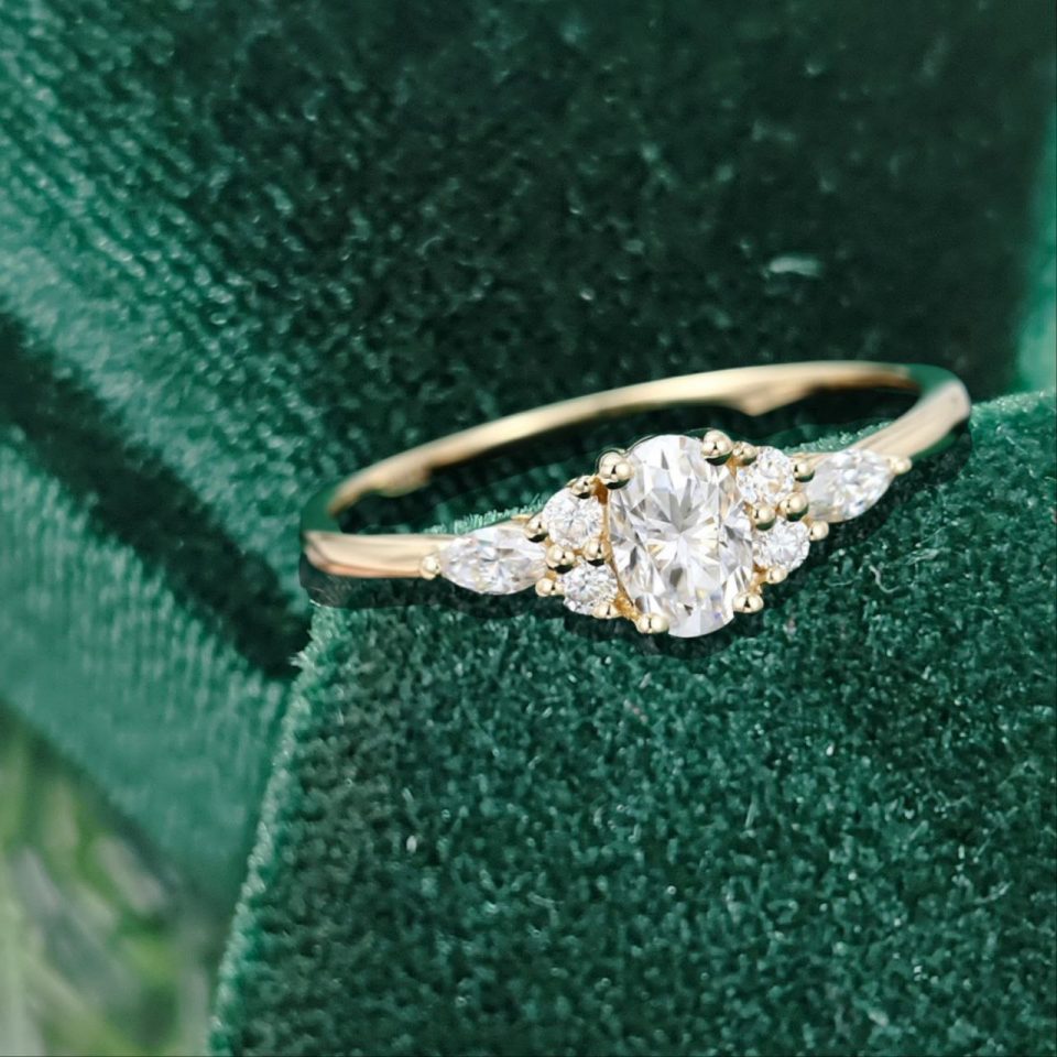 Oval Cut 0.5 Carat Moissanite Promise Ring Classic Cluster Style with Side Accents (2)