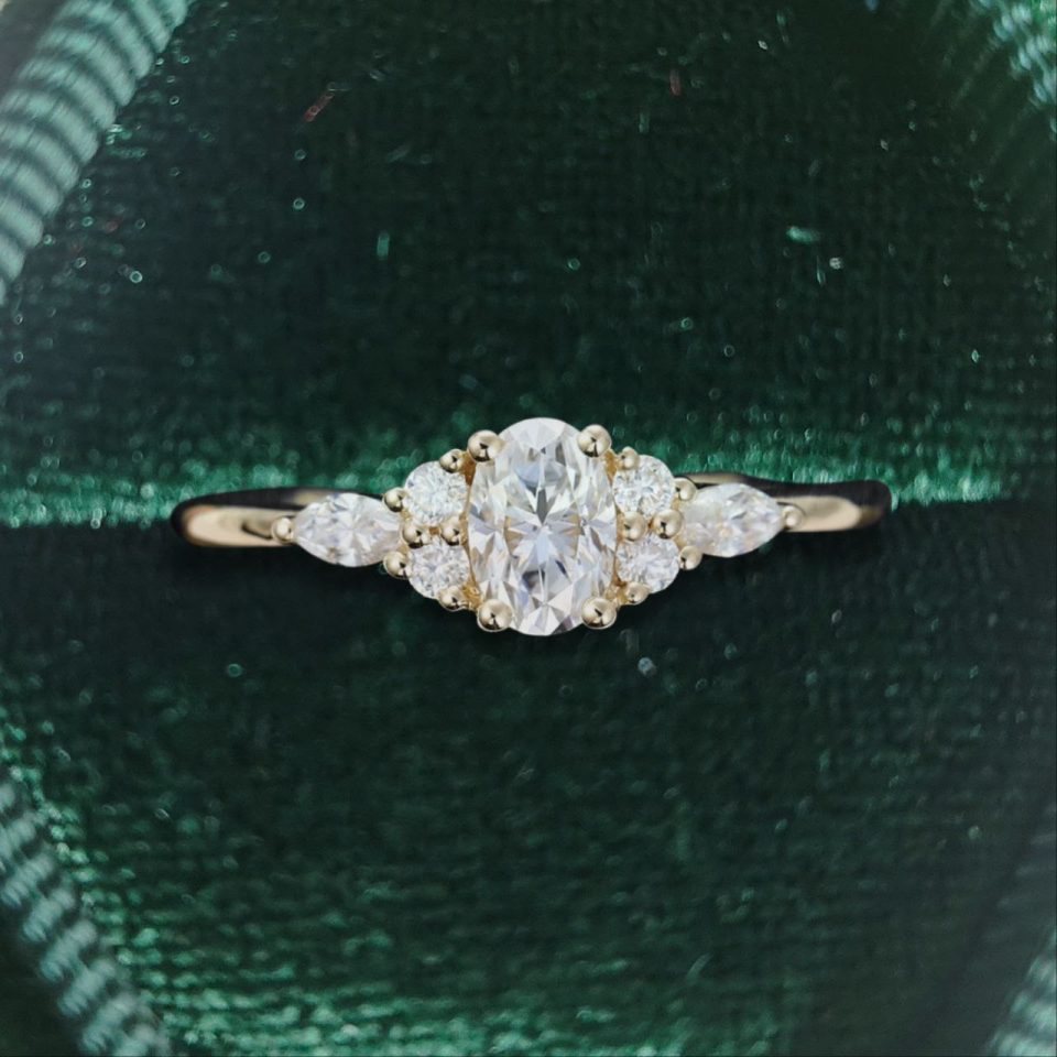 Oval Cut 0.5 Carat Moissanite Promise Ring Classic Cluster Style with Side Accents (4)