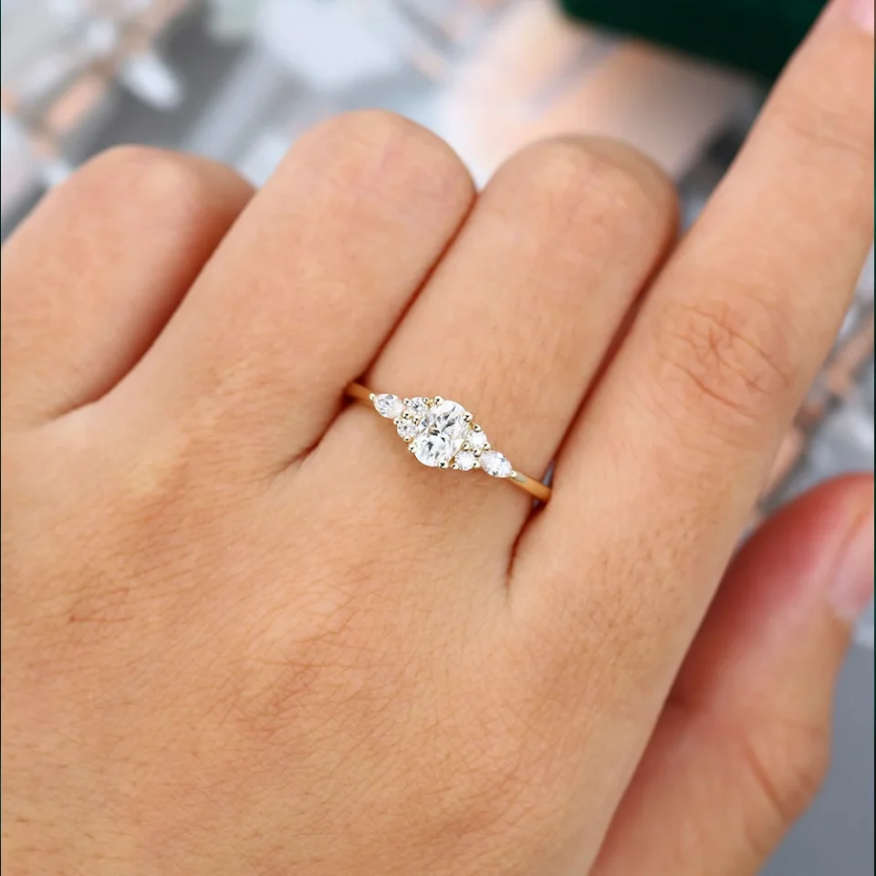Oval Cut 0.5 Carat Moissanite Promise Ring Classic Cluster Style with Side Accents