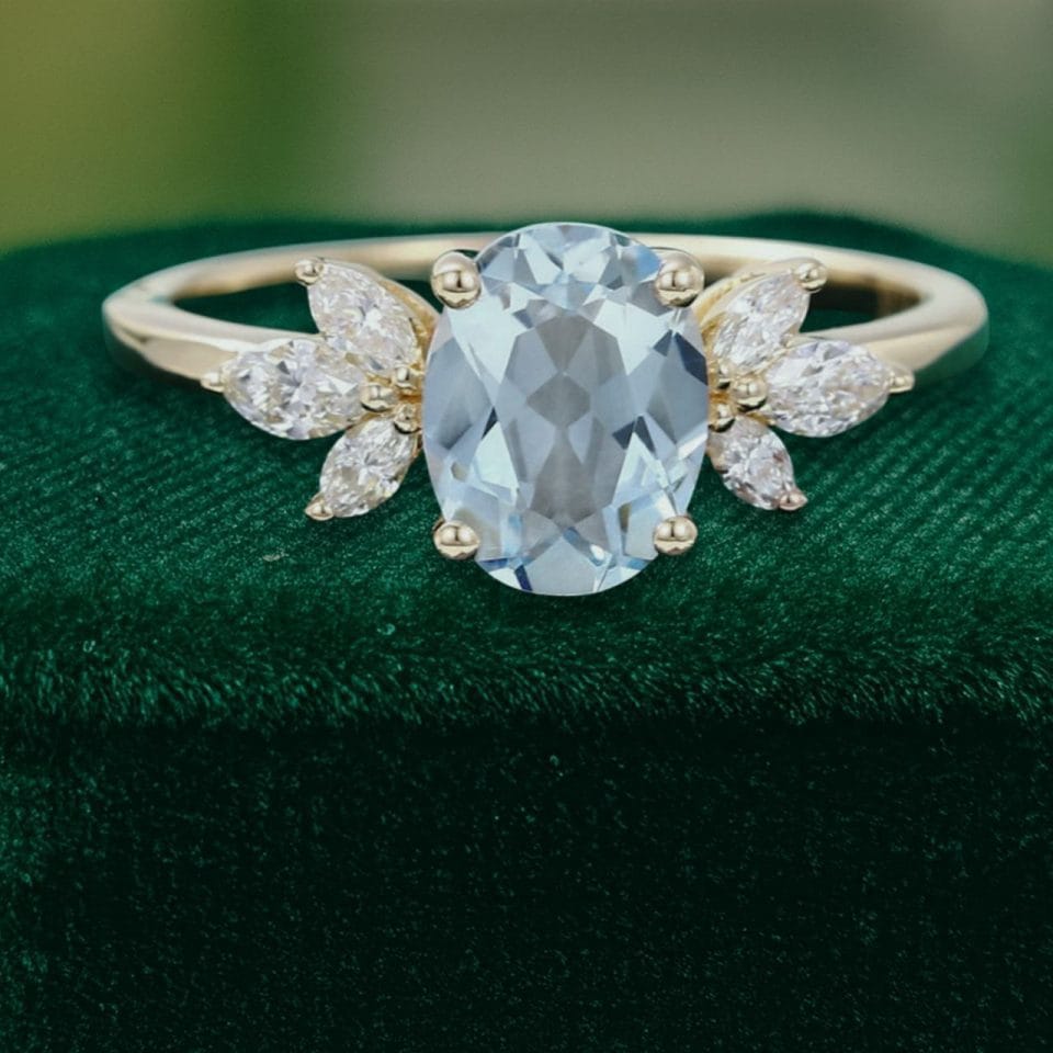 Oval Cut Aquamarine & Marquise Diamond Cluster Engagement Ring (10)