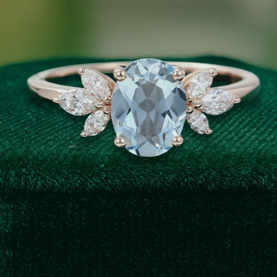 Oval Cut Aquamarine & Marquise Diamond Cluster Engagement Ring (3)