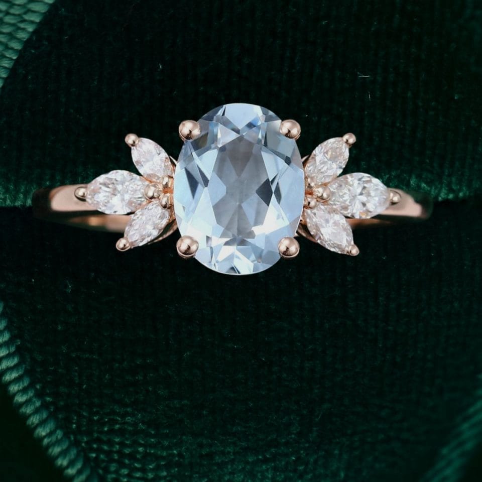Oval Cut Aquamarine & Marquise Diamond Cluster Engagement Ring (5)