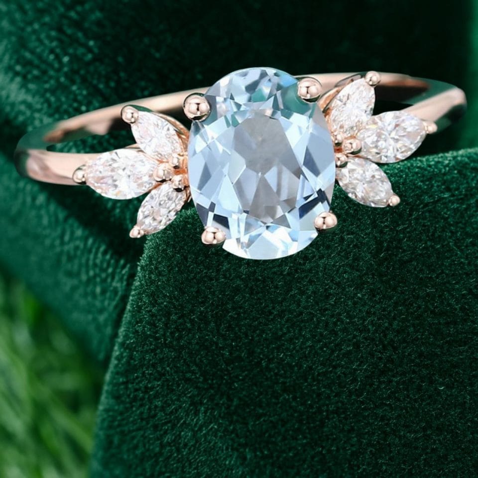 Oval Cut Aquamarine & Marquise Diamond Cluster Engagement Ring (7)