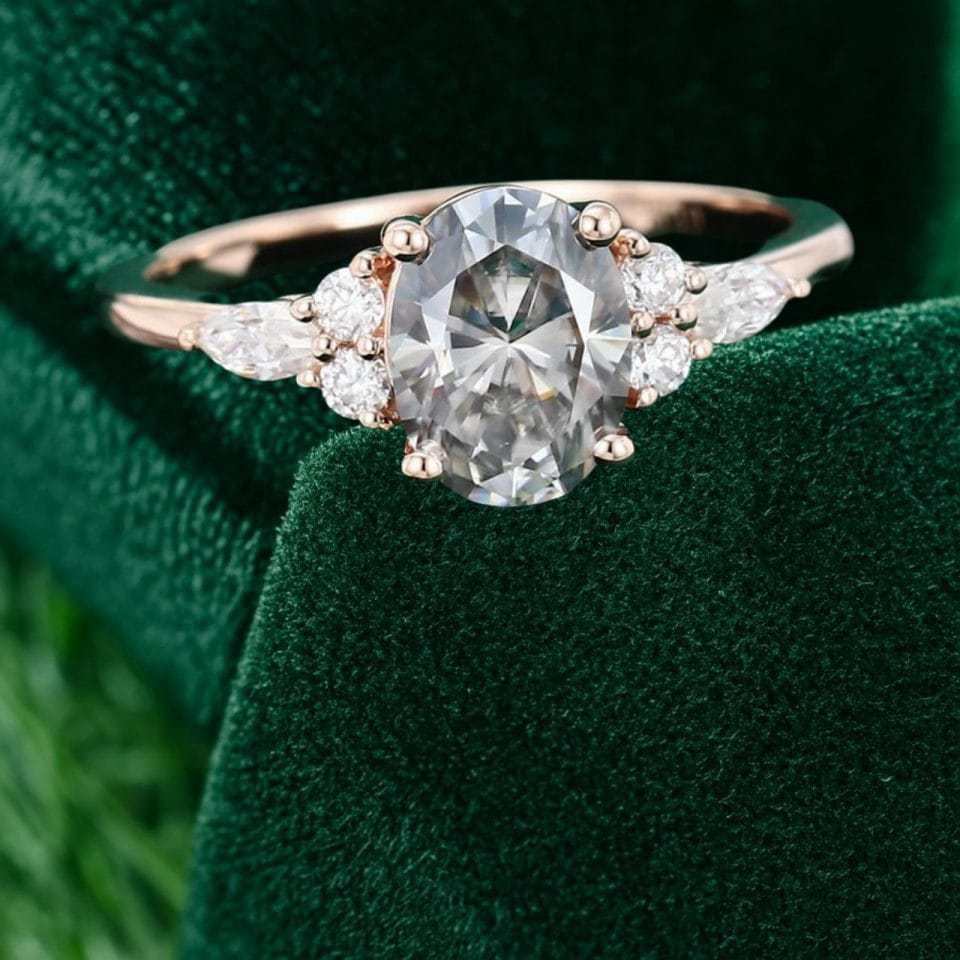 Oval Cut Grey Moissanite Engagement Ring In 14K Rose Gold (5)