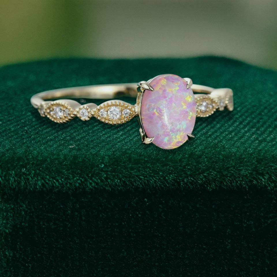 Oval Cut Lab Pink Opal Promise Ring – Wavy Beaded Milgrain Design (4)