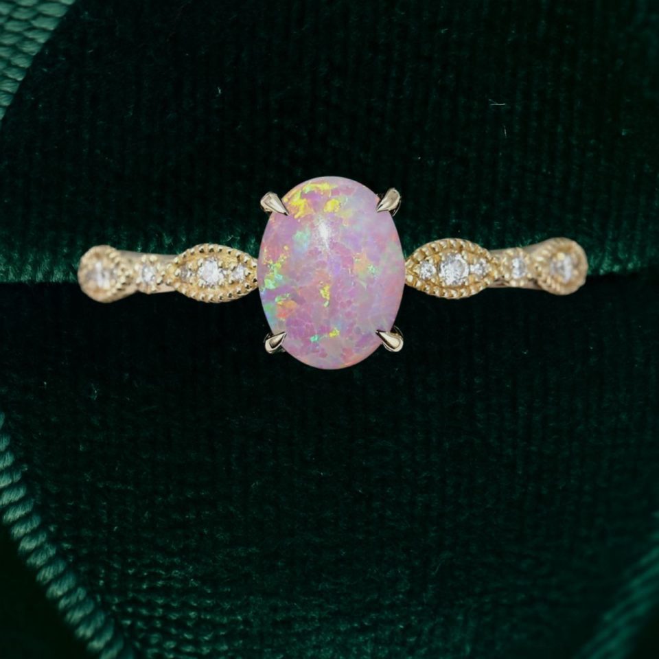 Oval Cut Lab Pink Opal Promise Ring – Wavy Beaded Milgrain Design (5)