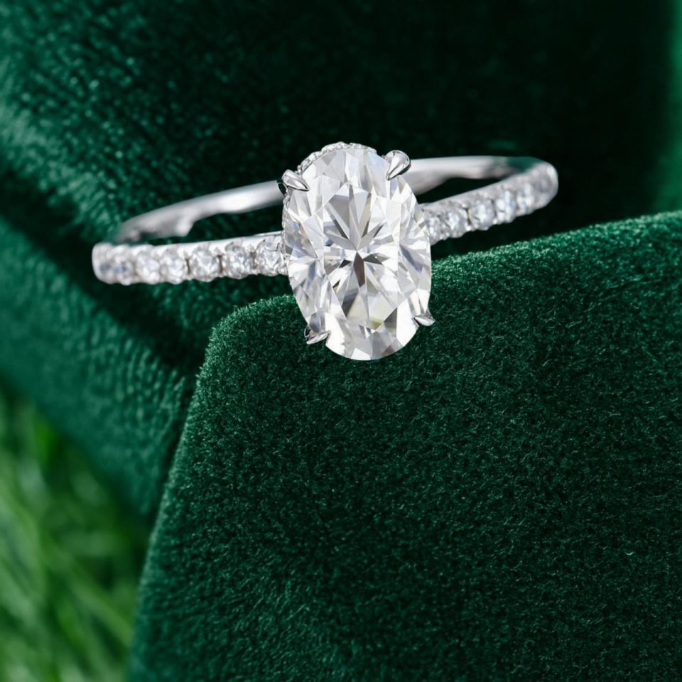 Oval Cut Moissanite Engagement Ring with Hidden Halo and Half Pavé Band (1)